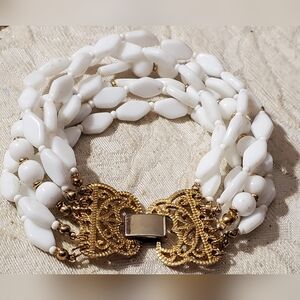 Milk White Six Strand Glass Goldtone Filigree Vintage Clasp Bracelet